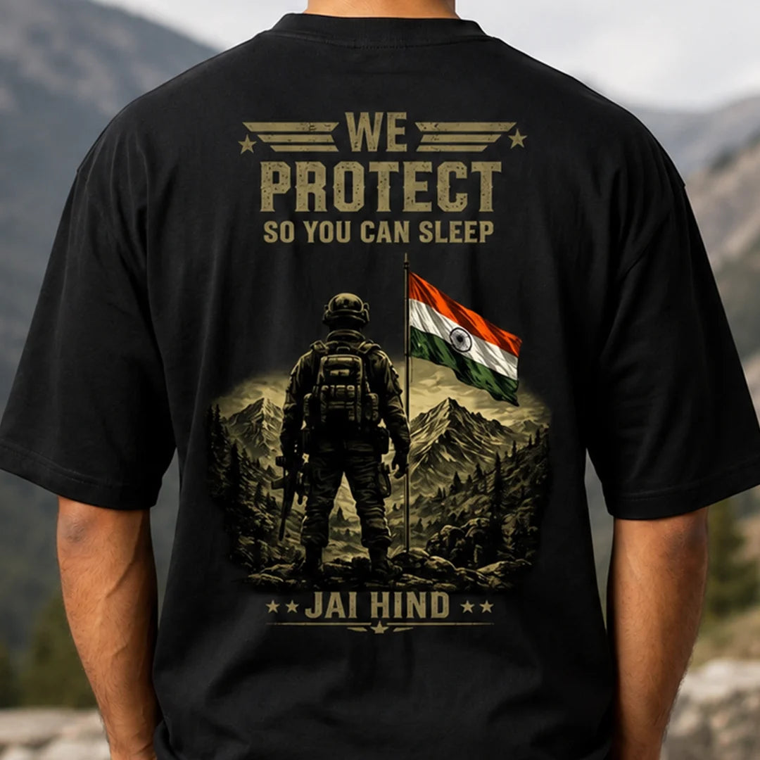 Men's Oversized Graphic T-Shirt - "Jai Hind" Military Tribute, 240 GSM Pure Cotton, Bio-Washed