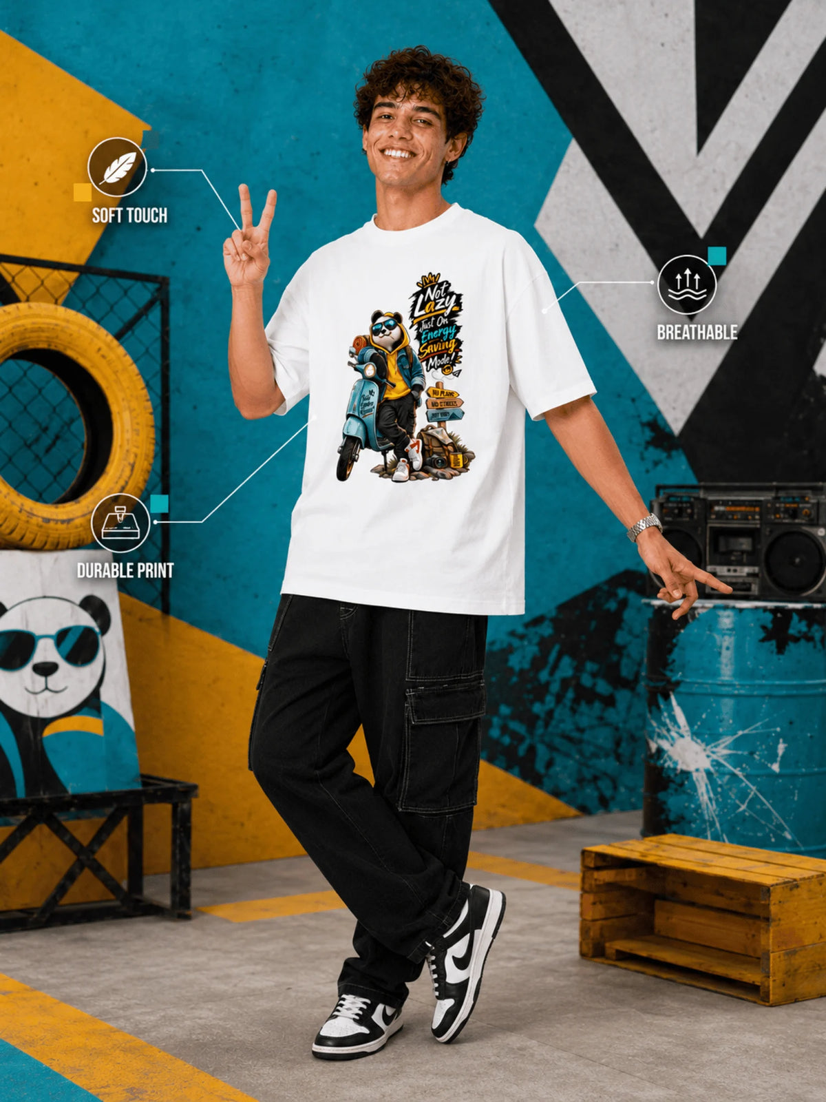 Excello Men's 'Not Lazy' Panda Graphic Oversized T-Shirt | White