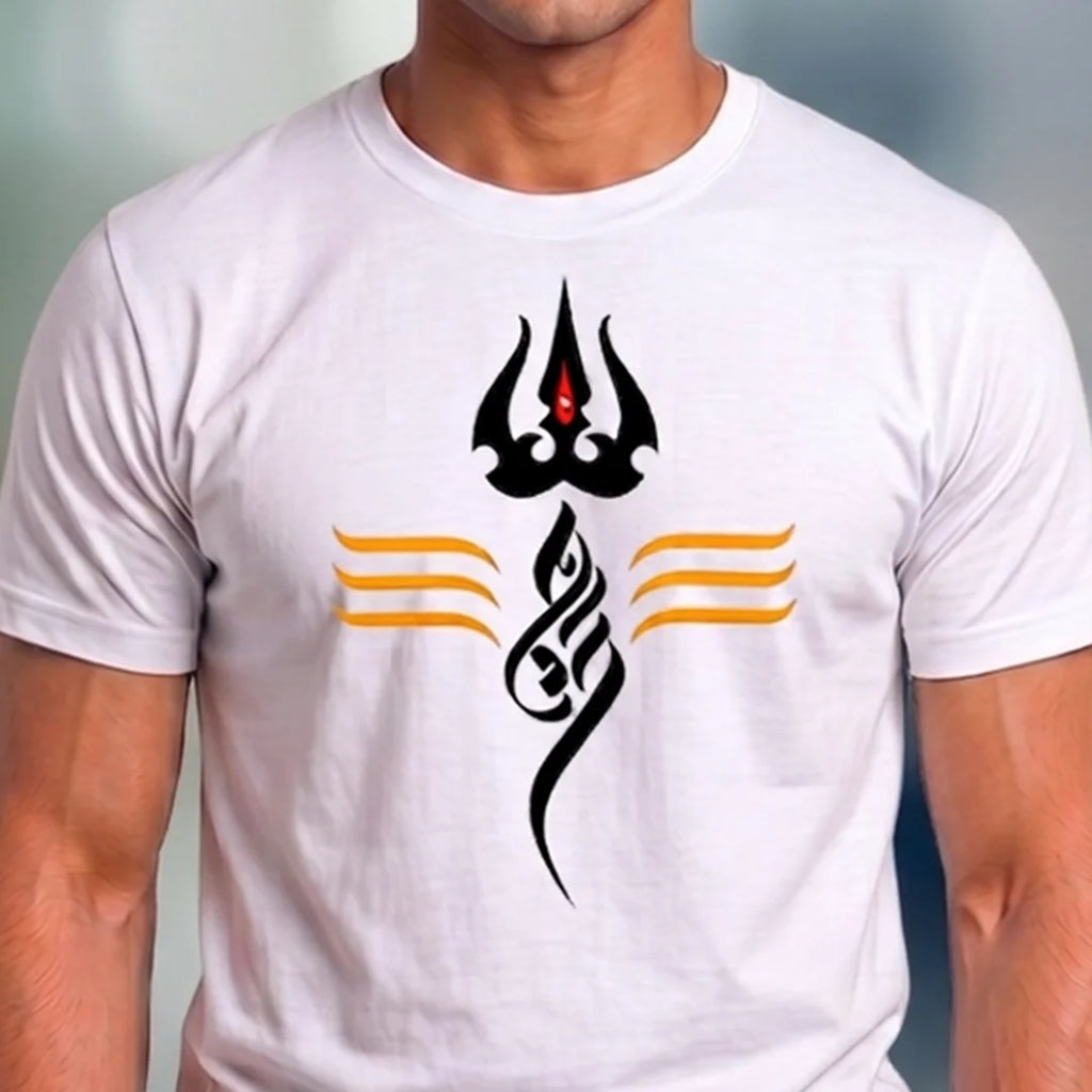 Men's Pure Cotton Regular Fit Mahadev Trishul Tilak Printed T-Shirt | 180 GSM Bio-Washed Spiritual Graphic Tee