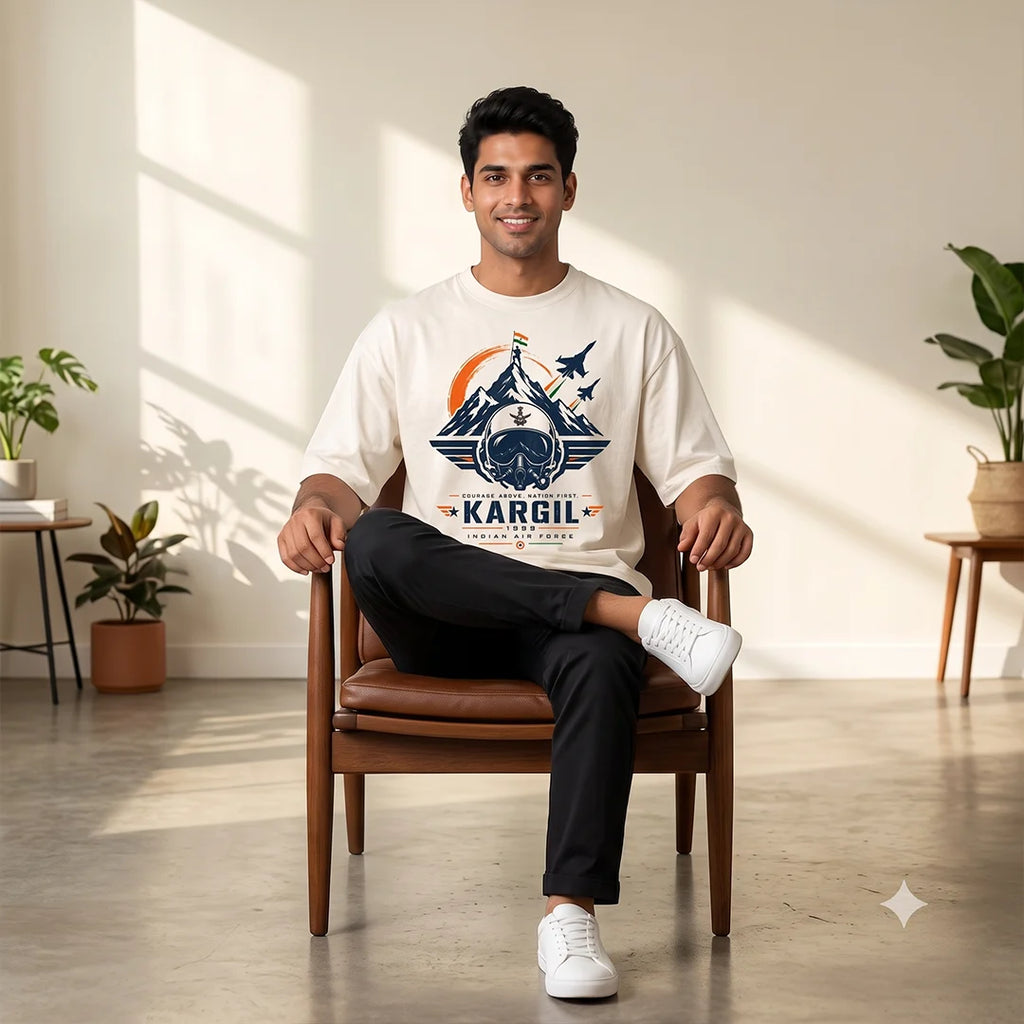 Men's Oversized Graphic T-Shirt - Kargil 1999 Indian Air Force Tribute, 240 GSM Pure Cotton, Bio-Washed