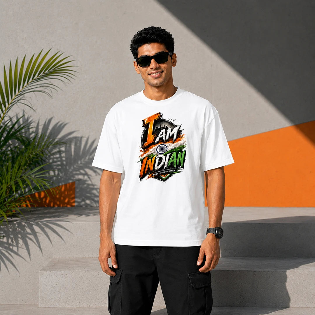 Men's "I Am Indian" Pride Oversized Graphic T-Shirt - 240 GSM Pure Cotton, Bio-Washed
