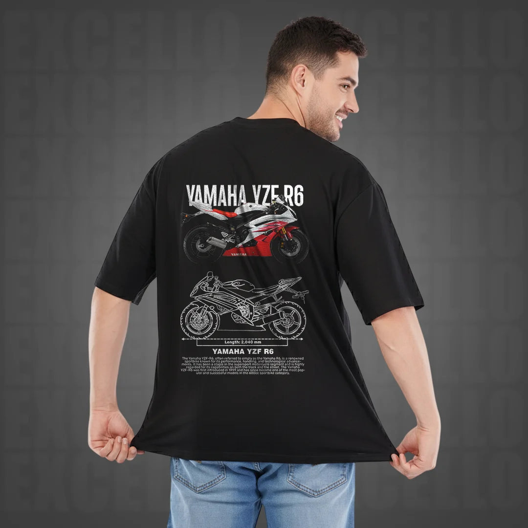 Yamaha YZF R6 Oversized Black T-Shirt for Men - Premium 240 GSM Rich Cotton Biker Graphic Tee