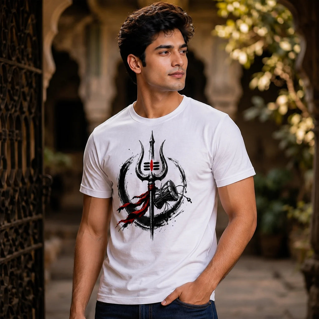 Men's Pure Cotton Regular Fit Mahadev Trishul Damru Graphic T-Shirt | 180 GSM Bio-Washed Spiritual Casual Tee