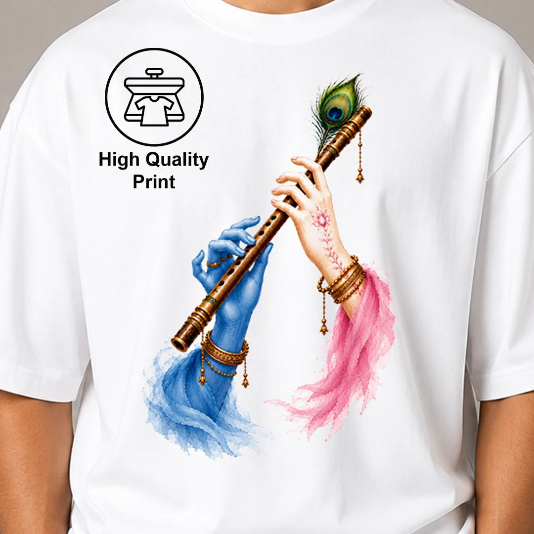 Excello Men's Divine Radha Krishna Flute Graphic Oversized T-Shirt - 240 GSM Pure Cotton, Bio-Washed