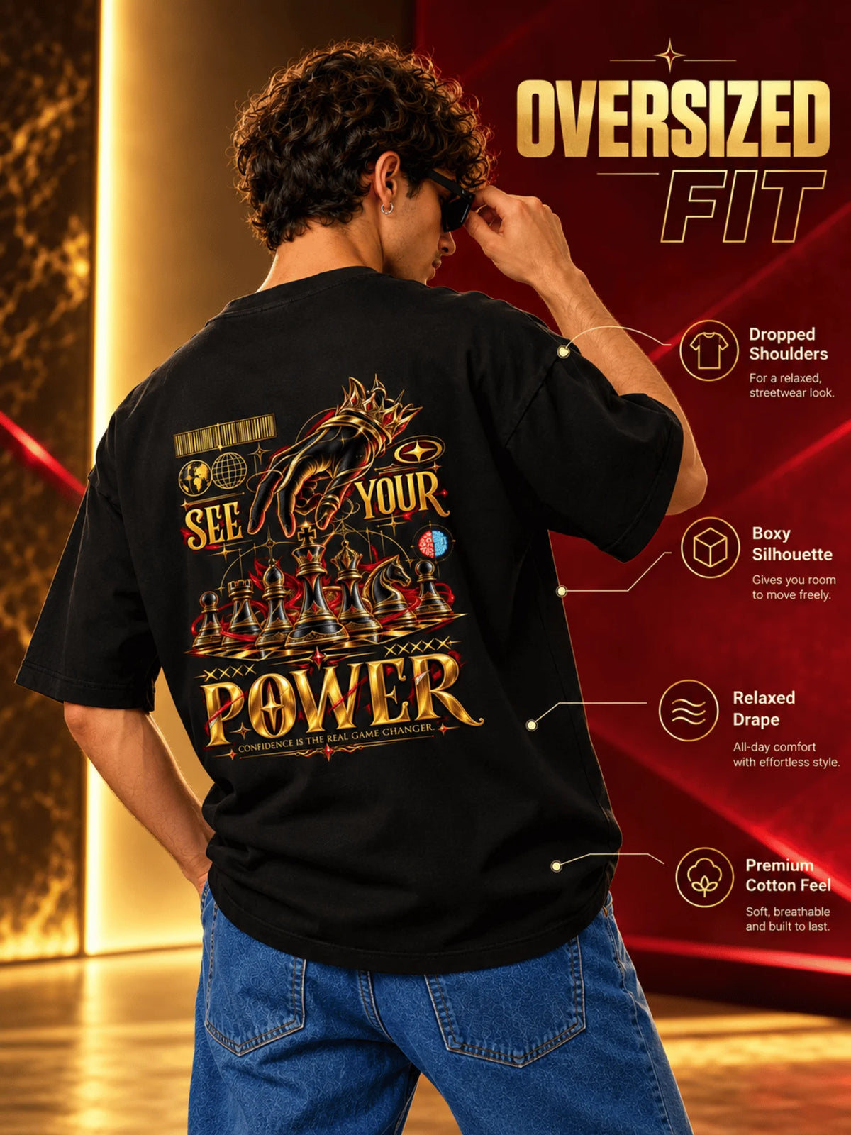 Excello Men's 'See Your Power' Chess Graphic Oversized T-Shirt | Black
