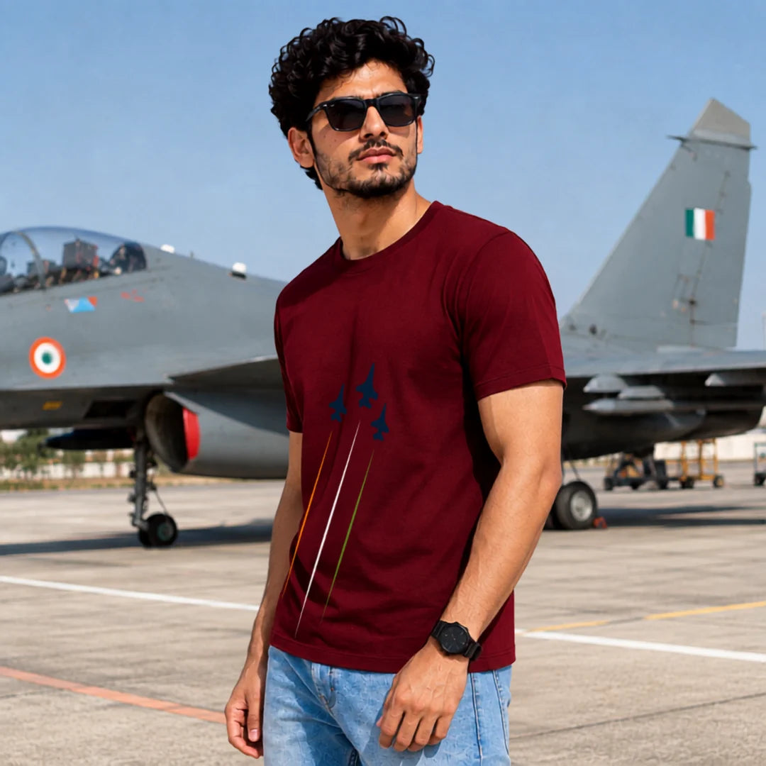 Premium Patriotic Fighter Jet Graphic T-Shirt | 180 GSM Pure Cotton, Bio-Washed Regular Fit