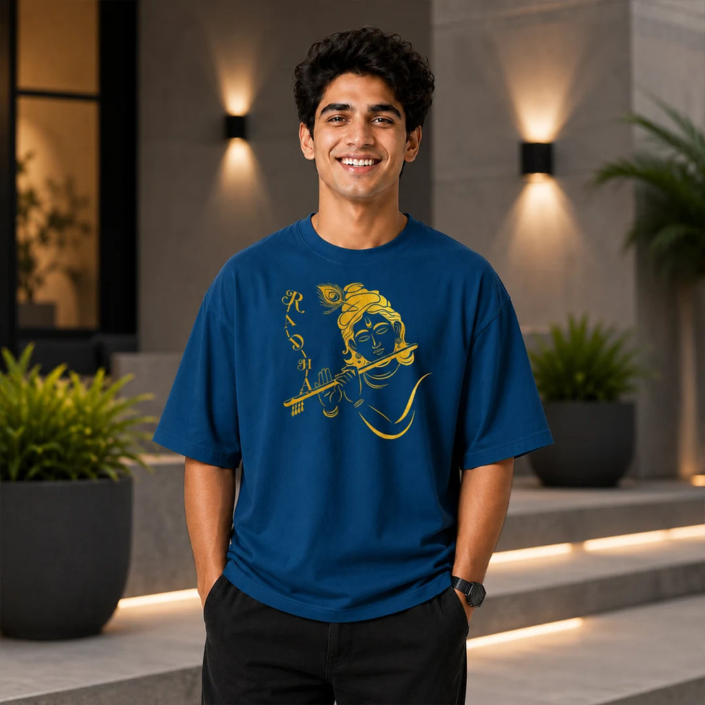 Excello Men's Radha Krishna Line Art Graphic Oversized T-Shirt - 240 GSM Pure Cotton, Bio-Washed