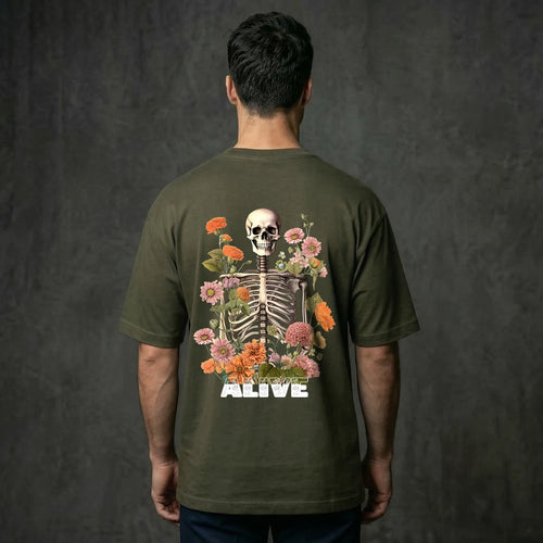 "Alive" Memento Mori Floral Skull Oversized T-Shirt – Olive Green