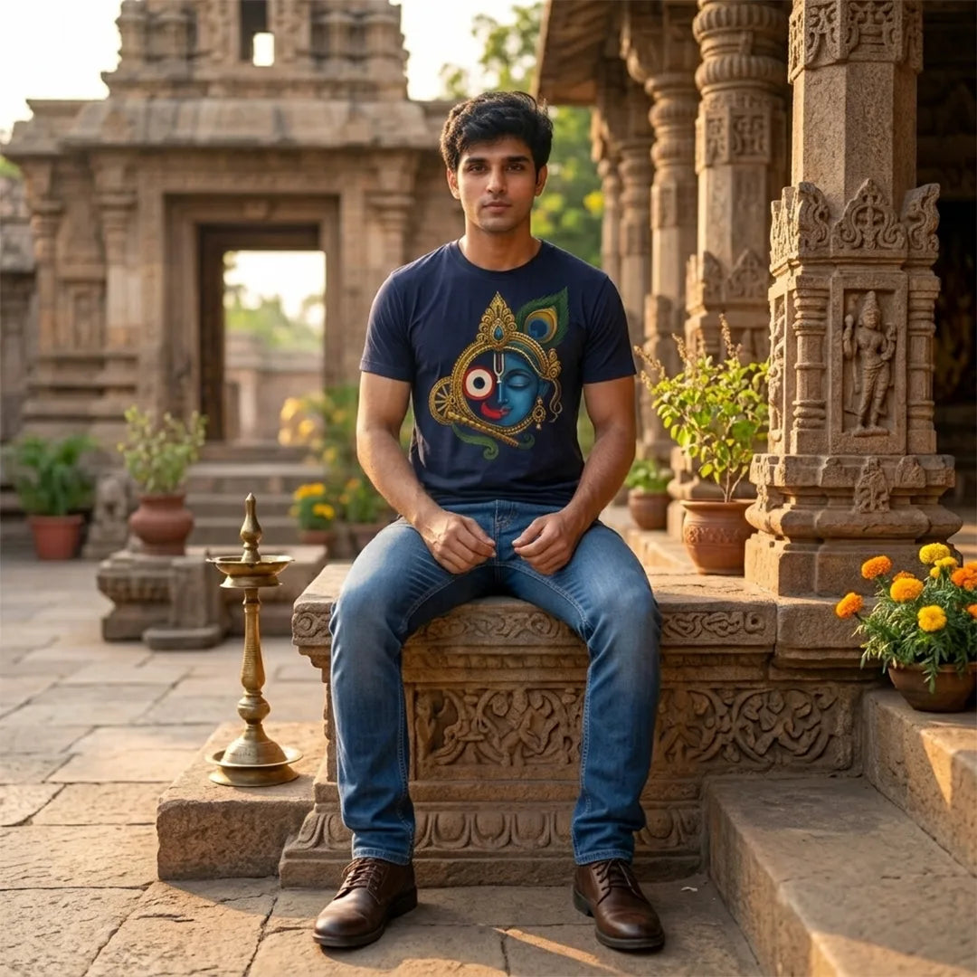 Men's Pure Cotton Lord Jagannath & Sri Krishna Fusion Graphic Printed T-Shirt