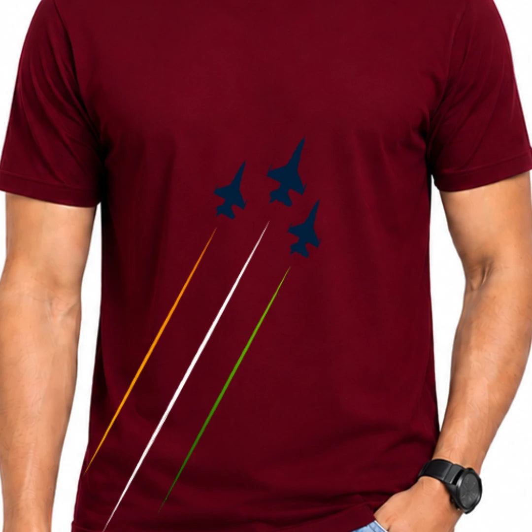 Premium Patriotic Fighter Jet Graphic T-Shirt | 180 GSM Pure Cotton, Bio-Washed Regular Fit