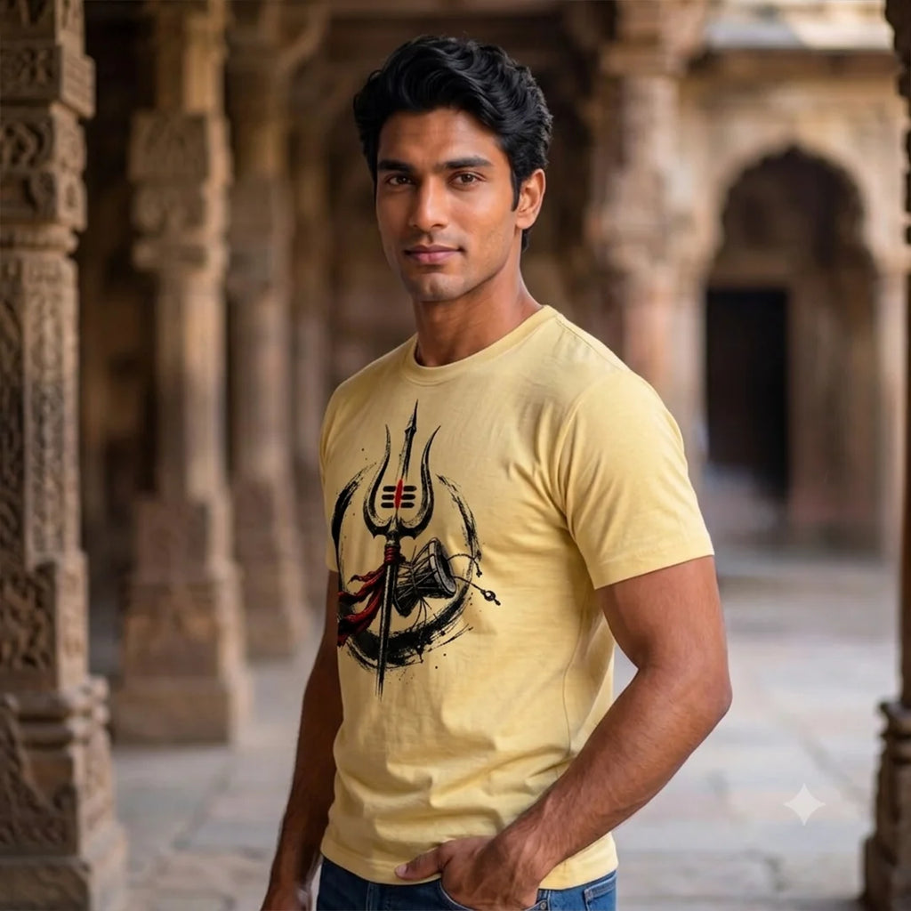 Men's Pure Cotton Regular Fit Mahadev Trishul Damru Graphic T-Shirt | 180 GSM Bio-Washed Spiritual Casual Tee