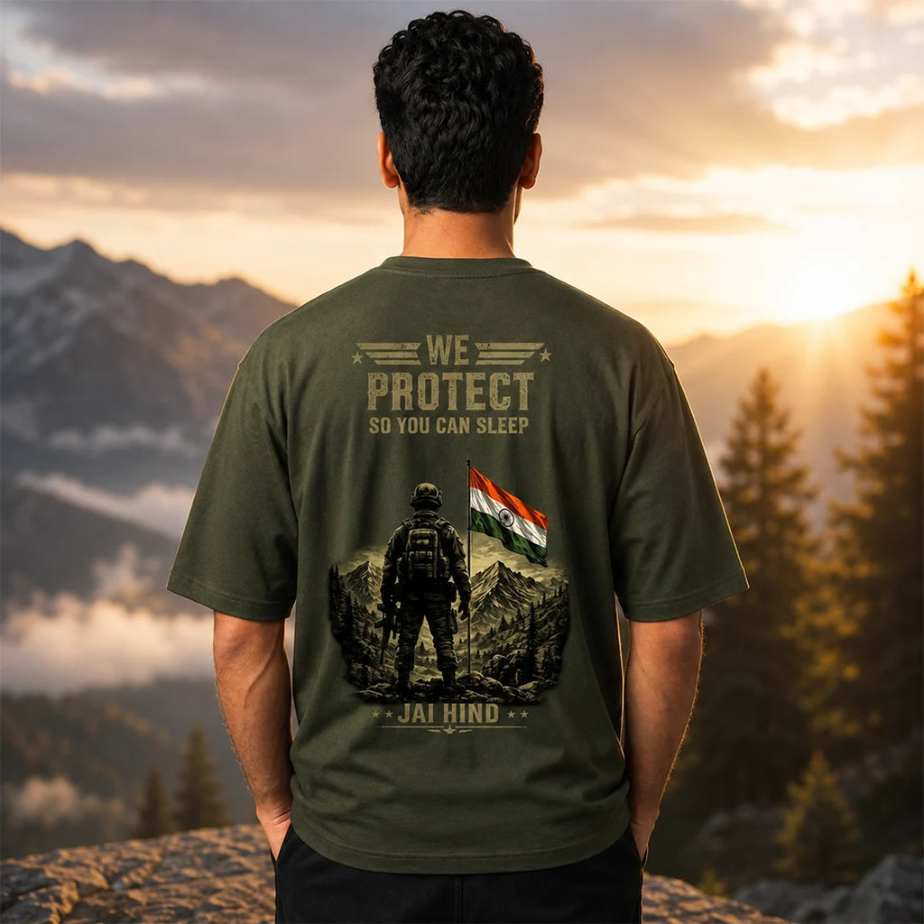 Men's Oversized Graphic T-Shirt - "Jai Hind" Military Tribute, 240 GSM Pure Cotton, Bio-Washed