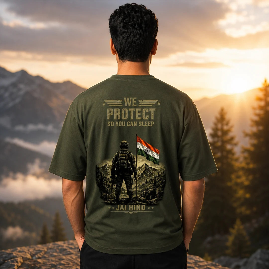 Men's Oversized Graphic T-Shirt - "Jai Hind" Military Tribute, 240 GSM Pure Cotton, Bio-Washed