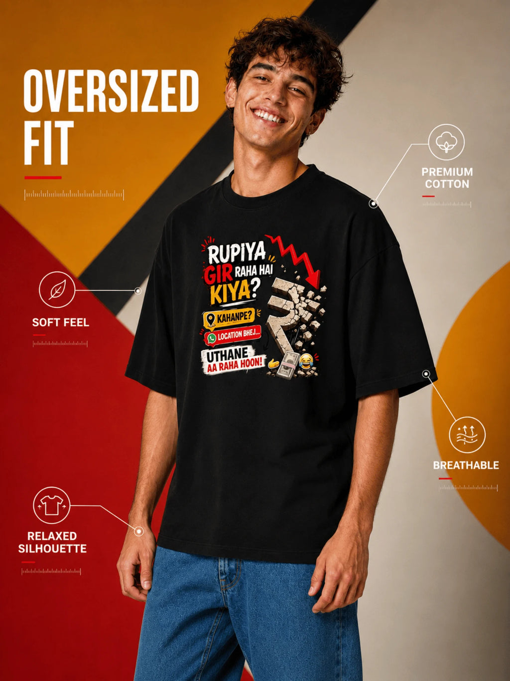 Excello Men's 'Rupiya Gir Raha Hai' Humorous Graphic Oversized T-Shirt| Black