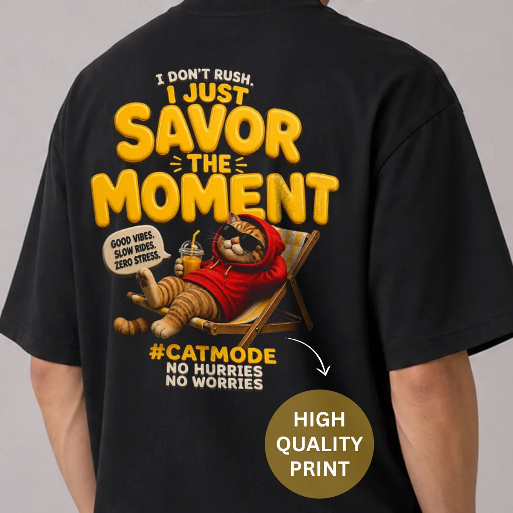 Excello Men's "Savor The Moment" Cat Graphic Oversized T-Shirt - 240 GSM Pure Cotton, Bio-Washed