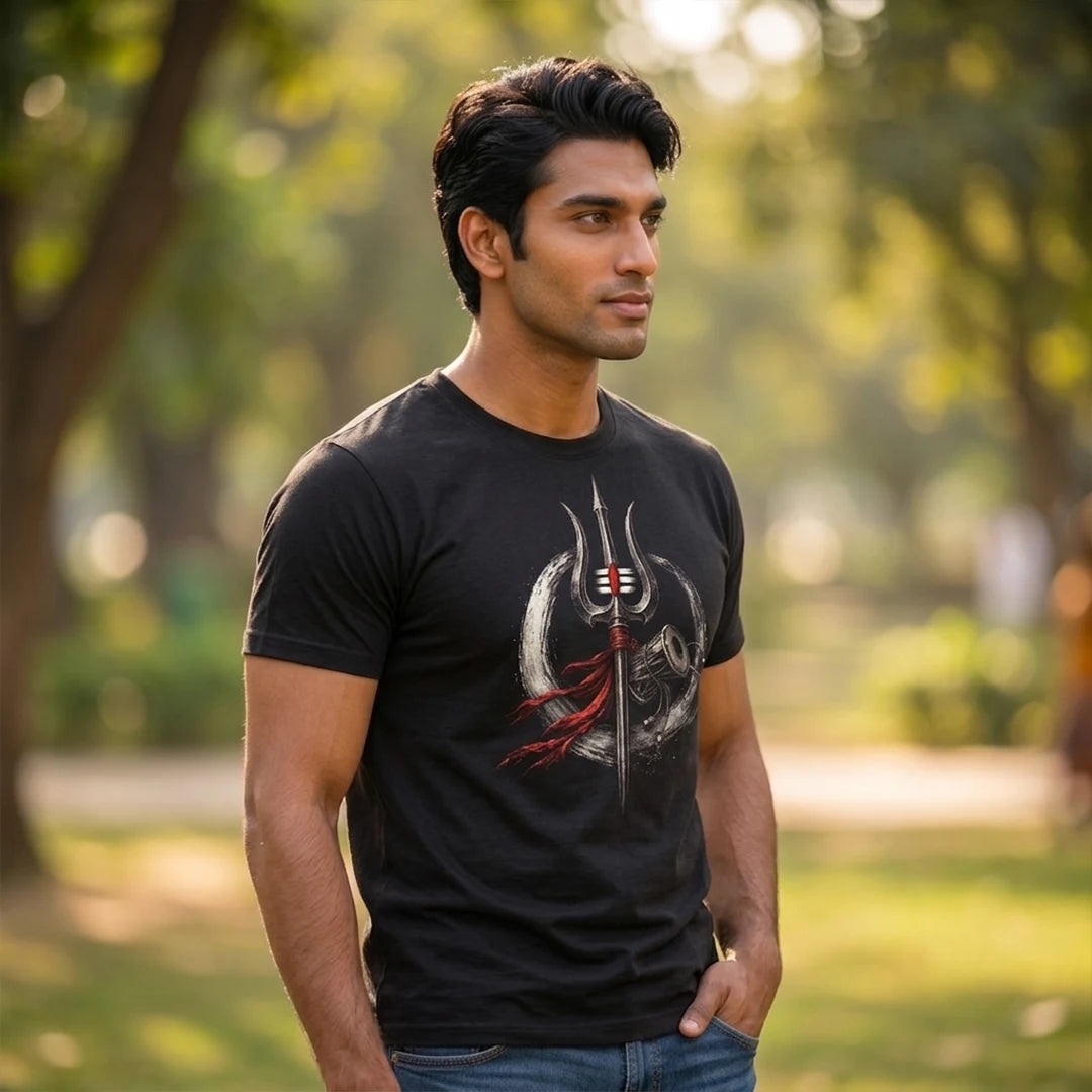 Men's Pure Cotton Regular Fit Mahadev Trishul Damru Graphic T-Shirt | 180 GSM Bio-Washed Spiritual Casual Tee