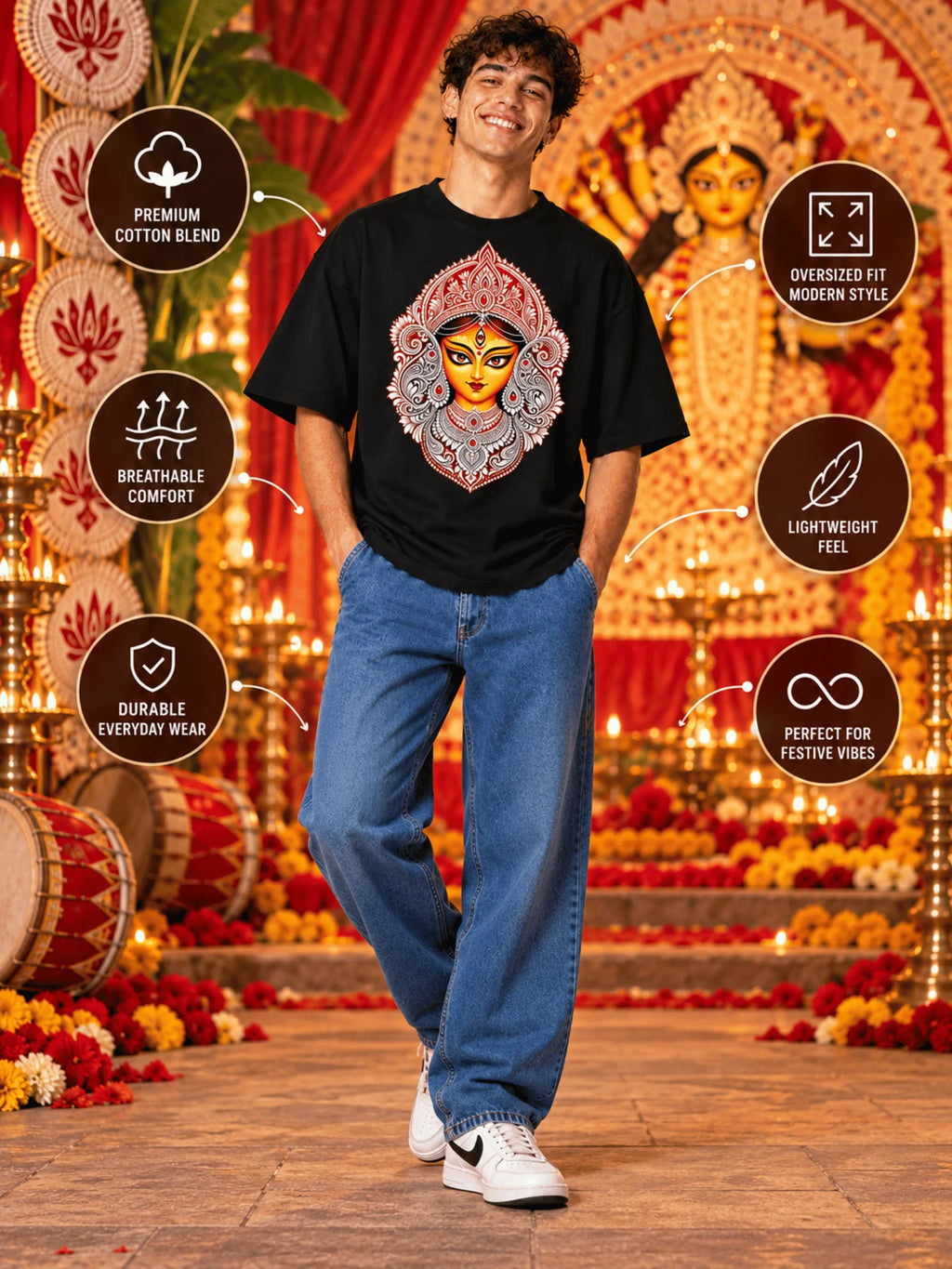 Excello Men's Divine Maa Durga Ornate Portrait Graphic Oversized T-Shirt | Black