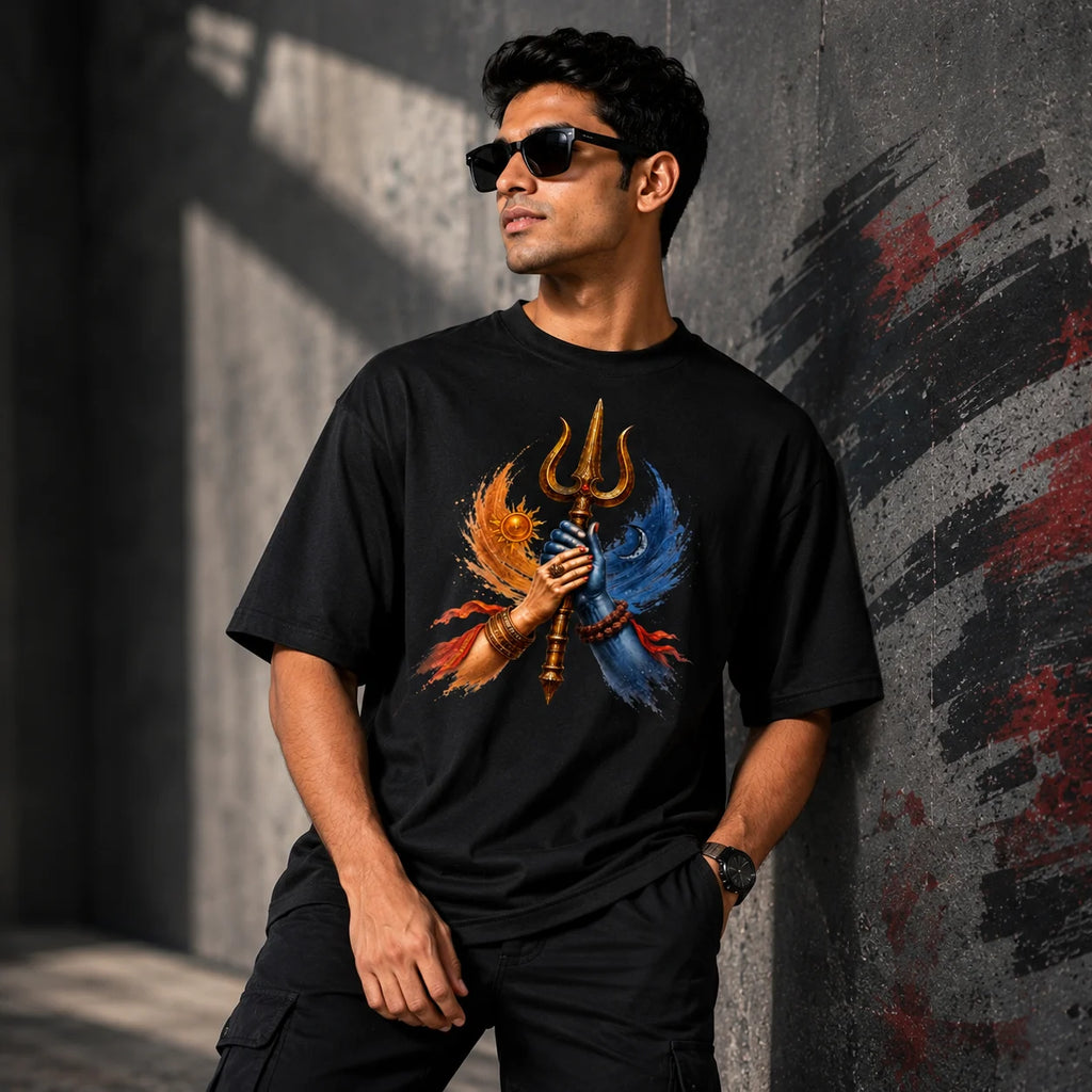 Excello Men's Shiva Shakti Trishul Graphic Oversized T-Shirt - 240 GSM Pure Cotton, Bio-Washed