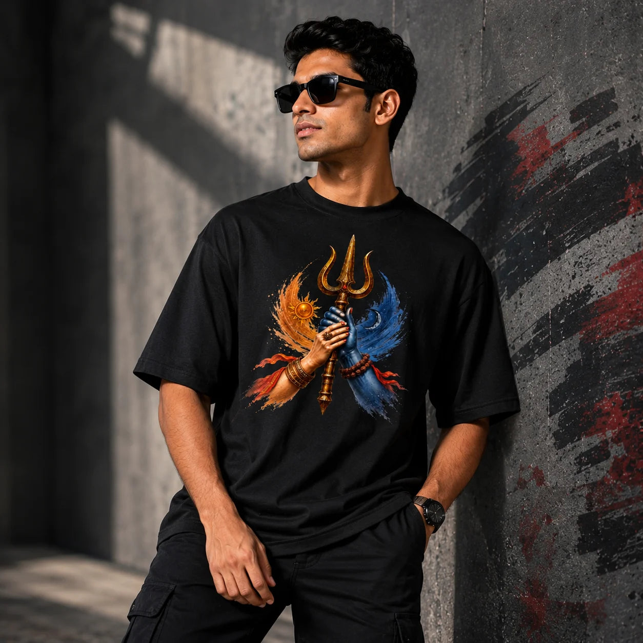 Excello Men's Shiva Shakti Trishul Graphic Oversized T-Shirt - 240 GSM Pure Cotton, Bio-Washed