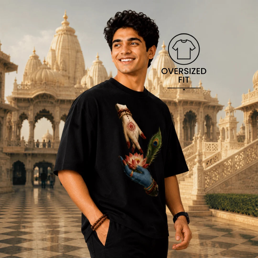 Excello Men's Divine Radha Krishna Lotus Graphic Oversized T-Shirt - 240 GSM Pure Cotton, Bio-Washed