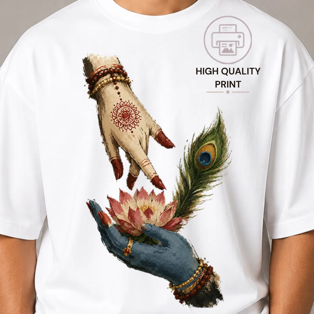 Excello Men's Divine Radha Krishna Lotus Graphic Oversized T-Shirt - 240 GSM Pure Cotton, Bio-Washed