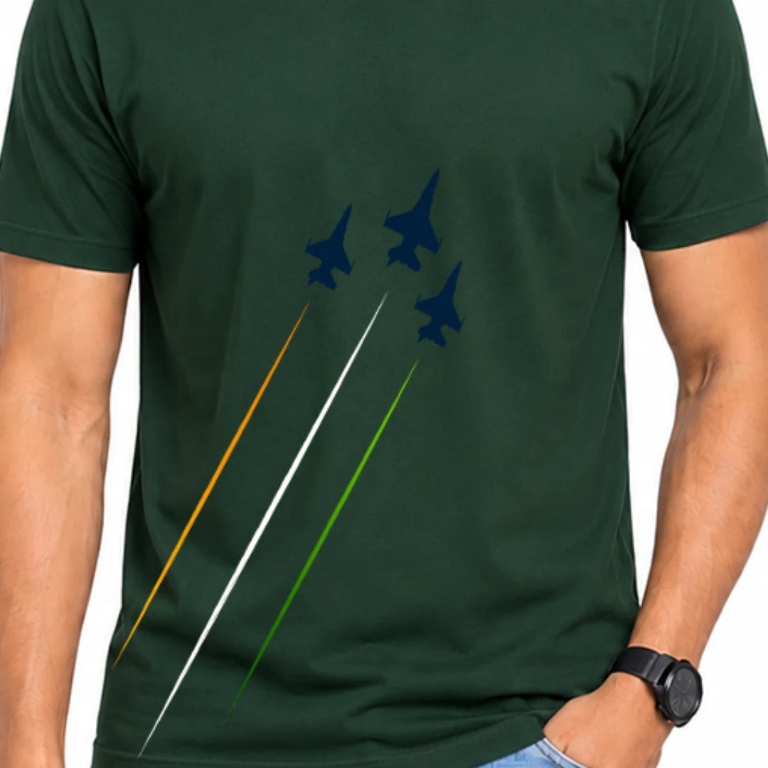 Premium Patriotic Fighter Jet Graphic T-Shirt | 180 GSM Pure Cotton, Bio-Washed Regular Fit