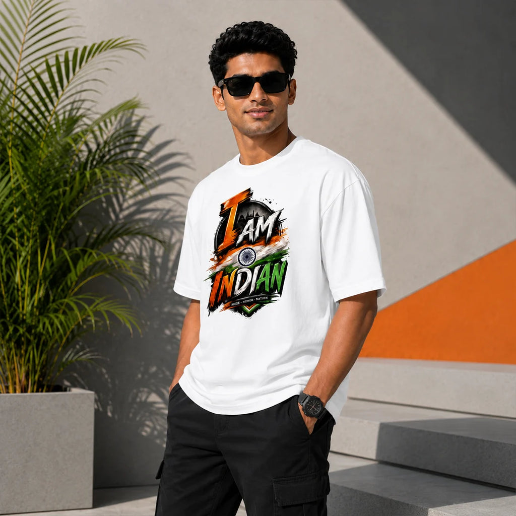 Men's "I Am Indian" Pride Oversized Graphic T-Shirt - 240 GSM Pure Cotton, Bio-Washed