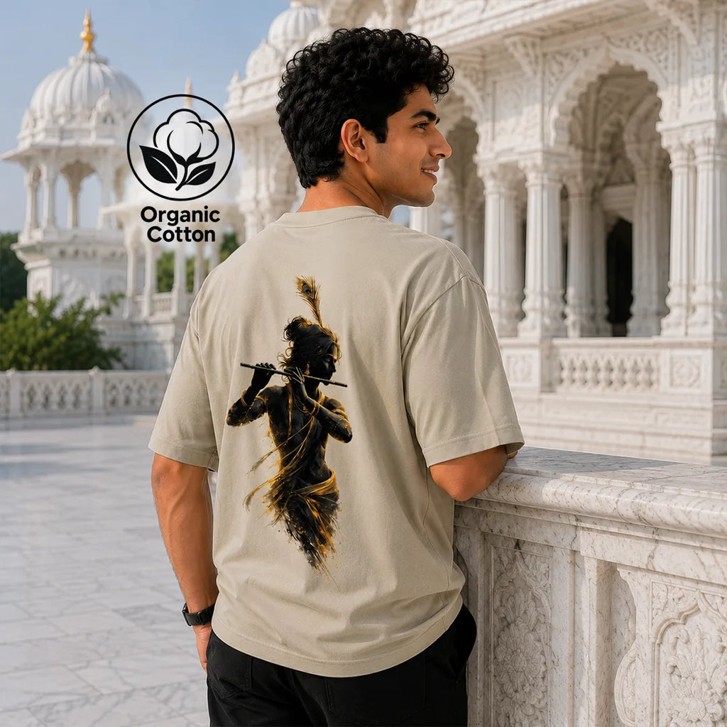 Excello Men's Divine Krishna Silhouette Graphic Oversized T-Shirt - 240 GSM Pure Cotton, Bio-Washed