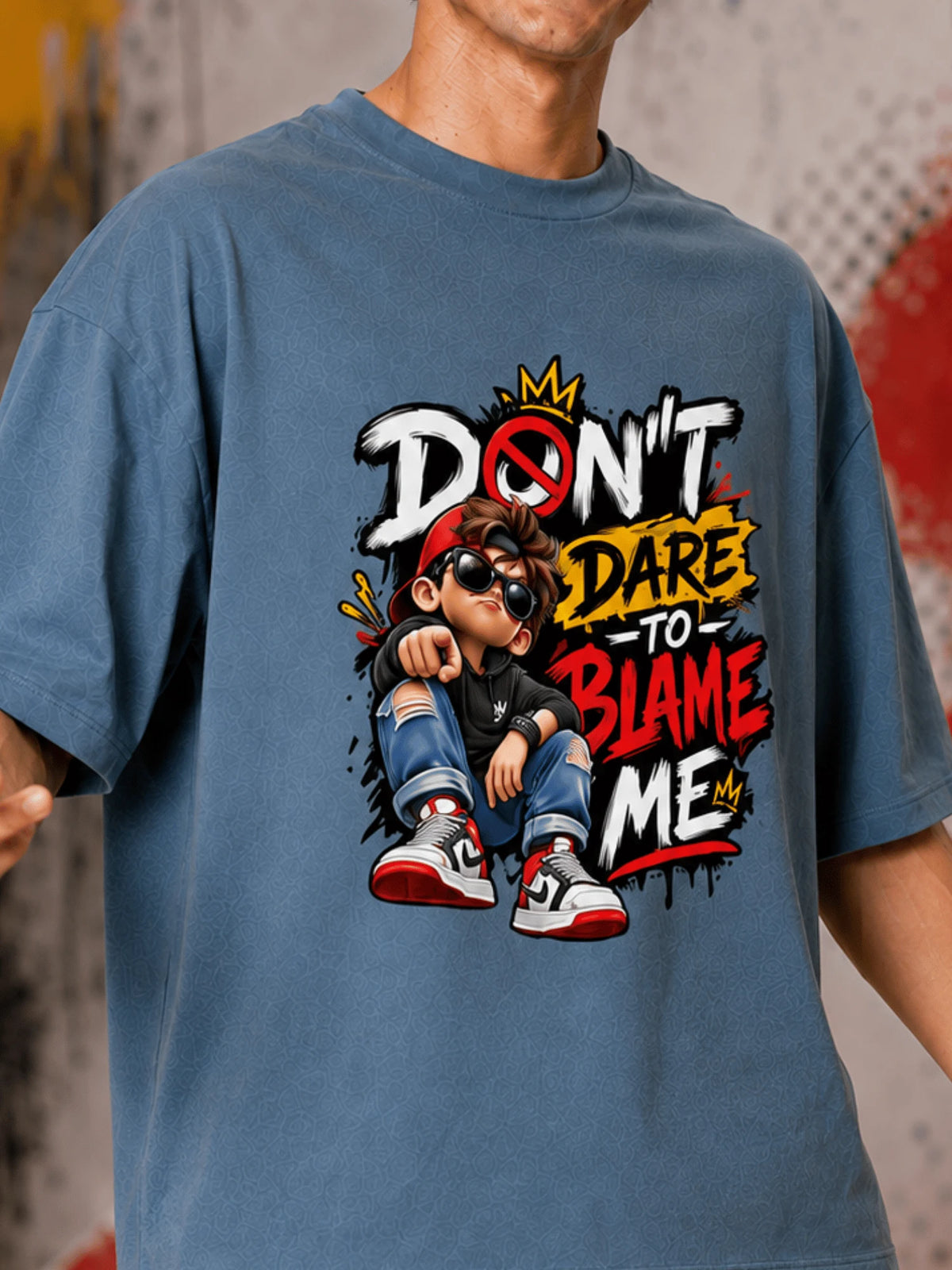 Excello Men's 'Don't Dare to Blame Me' Graphic Oversized T-Shirt | Steel Blue