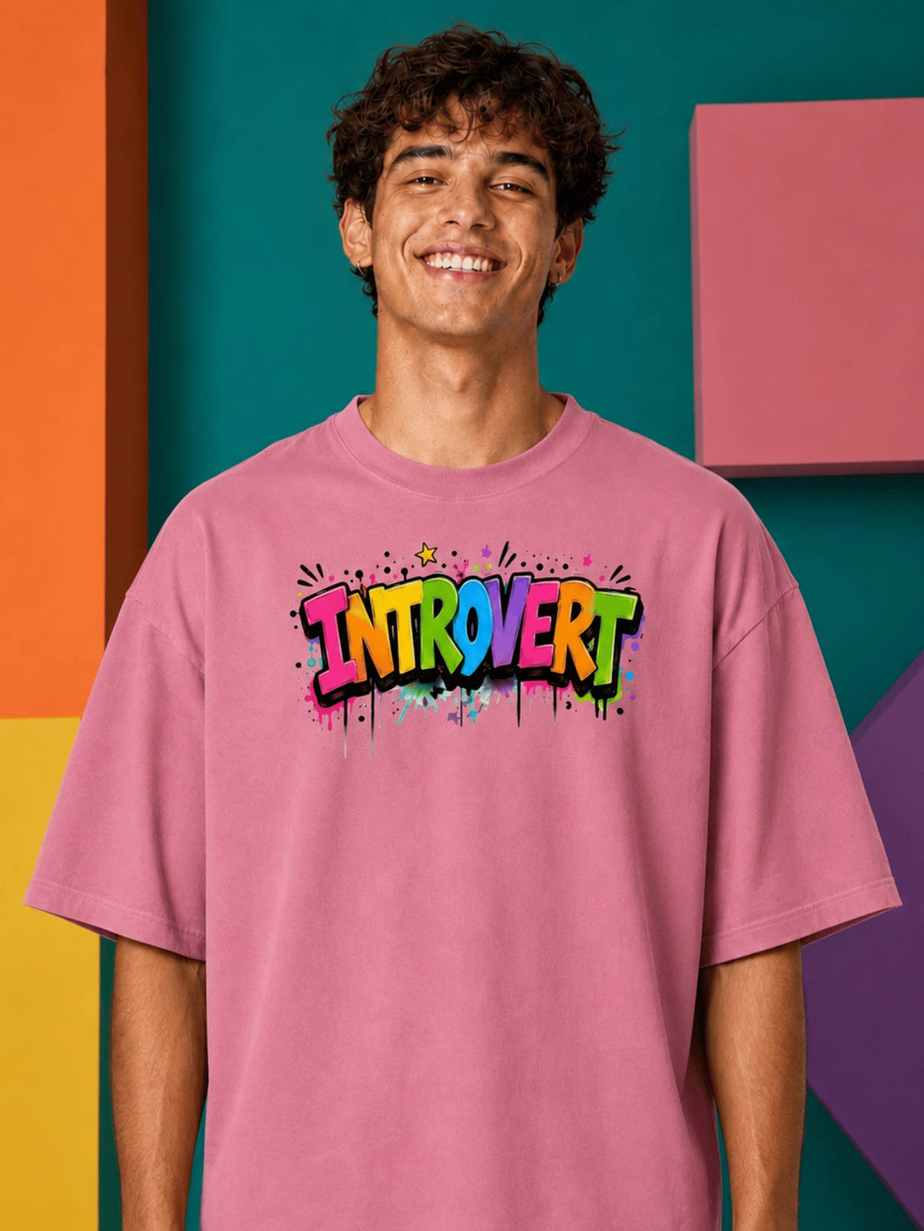 Excello Men's 'Social Introvert' Graphic Oversized T-Shirt | Rose Pink