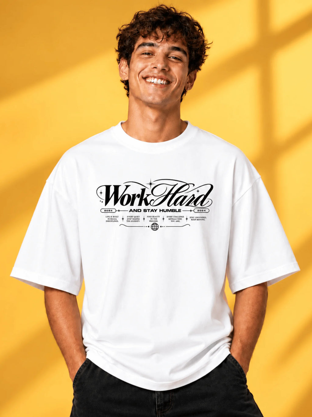 Excello Men's 'Work Hard' Motivational Typography Oversized T-Shirt |  White
