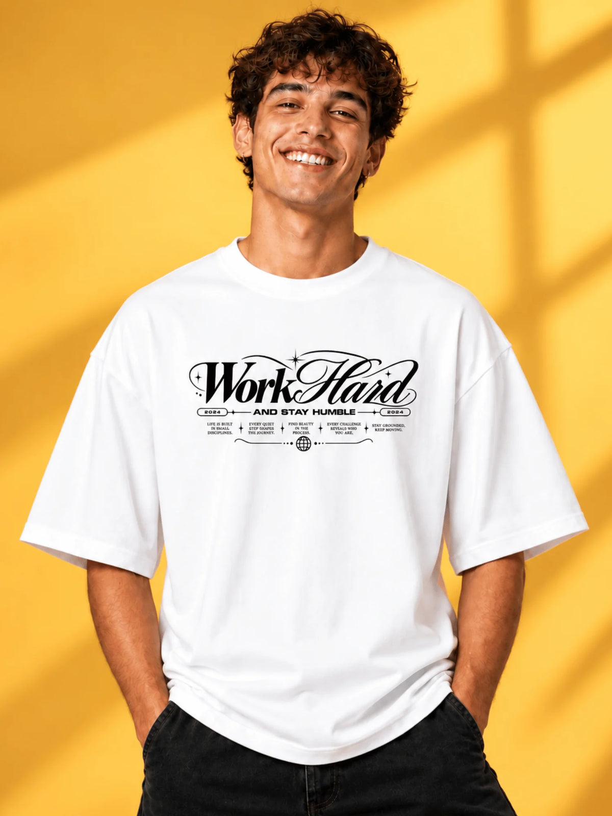 Excello Men's 'Work Hard' Motivational Typography Oversized T-Shirt |  White