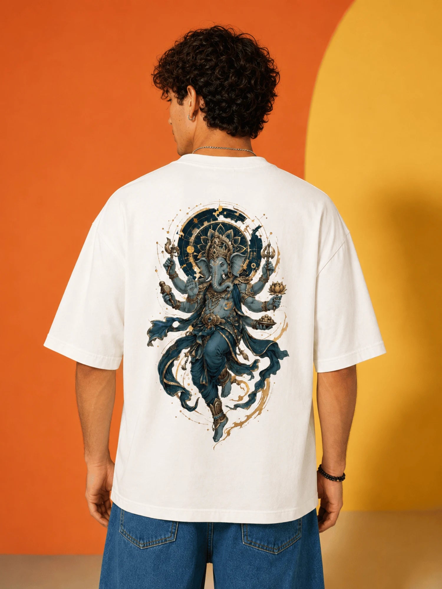Excello Men's Divine Ganesha Graphic Oversized T-Shirt - 240 GSM Pure Cotton, Bio-Washed-Off White