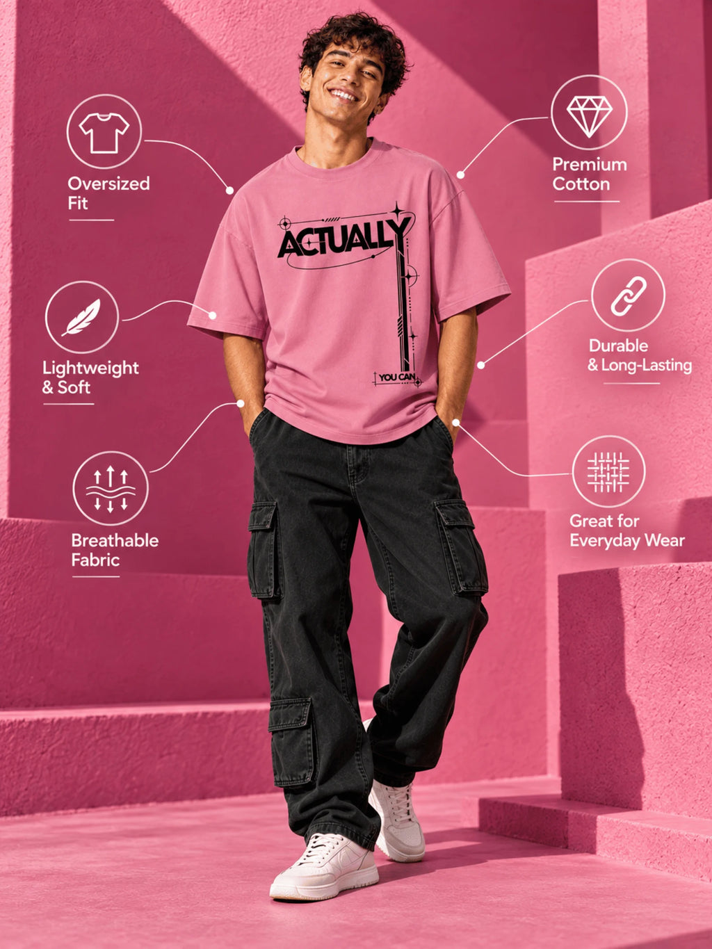 Excello Men's 'Actually You Can' Typography Oversized T-Shirt | Rose Pink