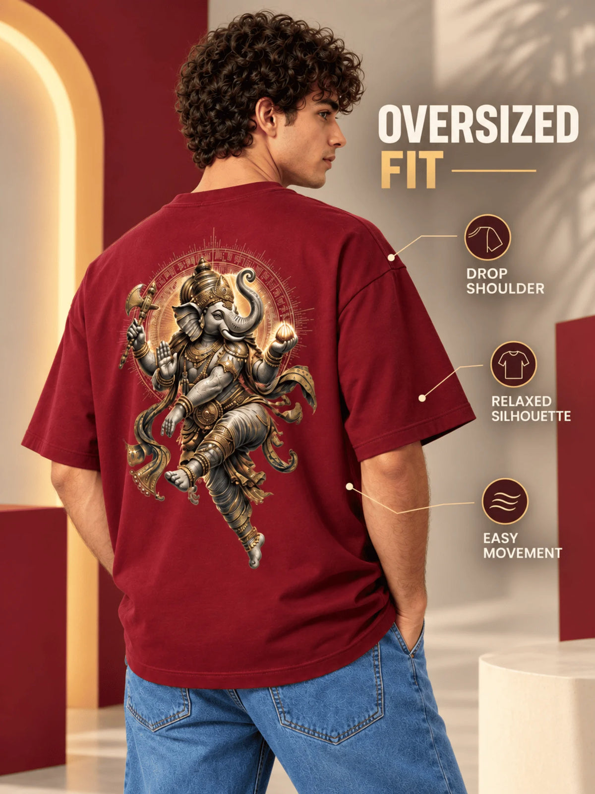 Excello Men's Dynamic Dancing Ganesha Graphic Oversized T-Shirt - 240 GSM Pure Cotton, Bio-Washed | Maroon