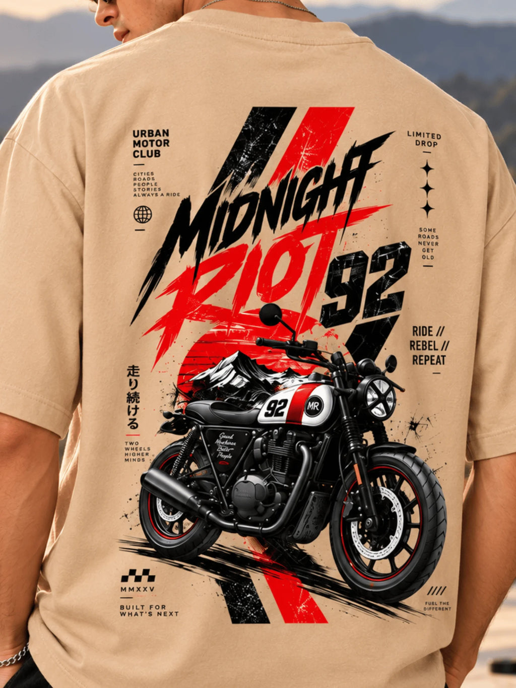 Excello Men's 'Midnight Riot 92' Motorcycle Graphic Oversized T-Shirt | Beige