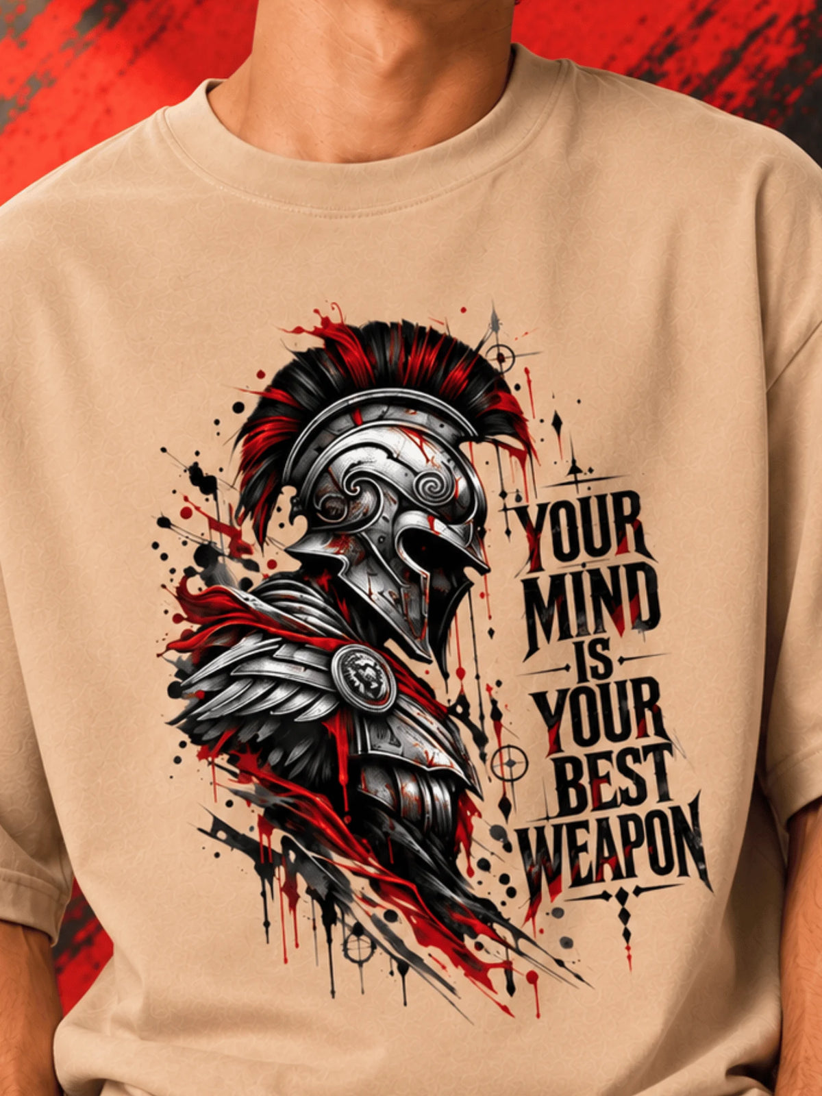 Excello Men's Spartan 'Your Mind Is Your Best Weapon' Graphic Oversized T-Shirt |  Beige