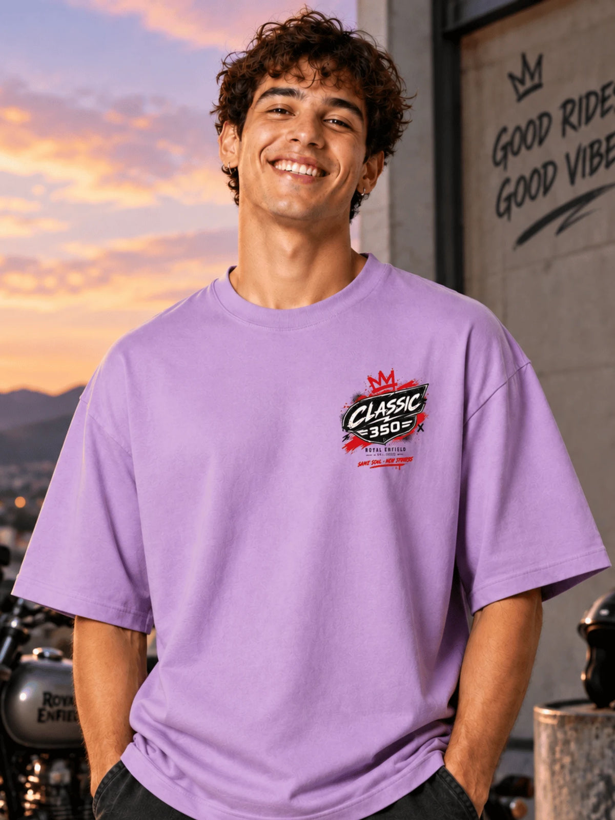 Excello Men's Royal Enfield Classic 350 Graphic Oversized T-Shirt | Lavender