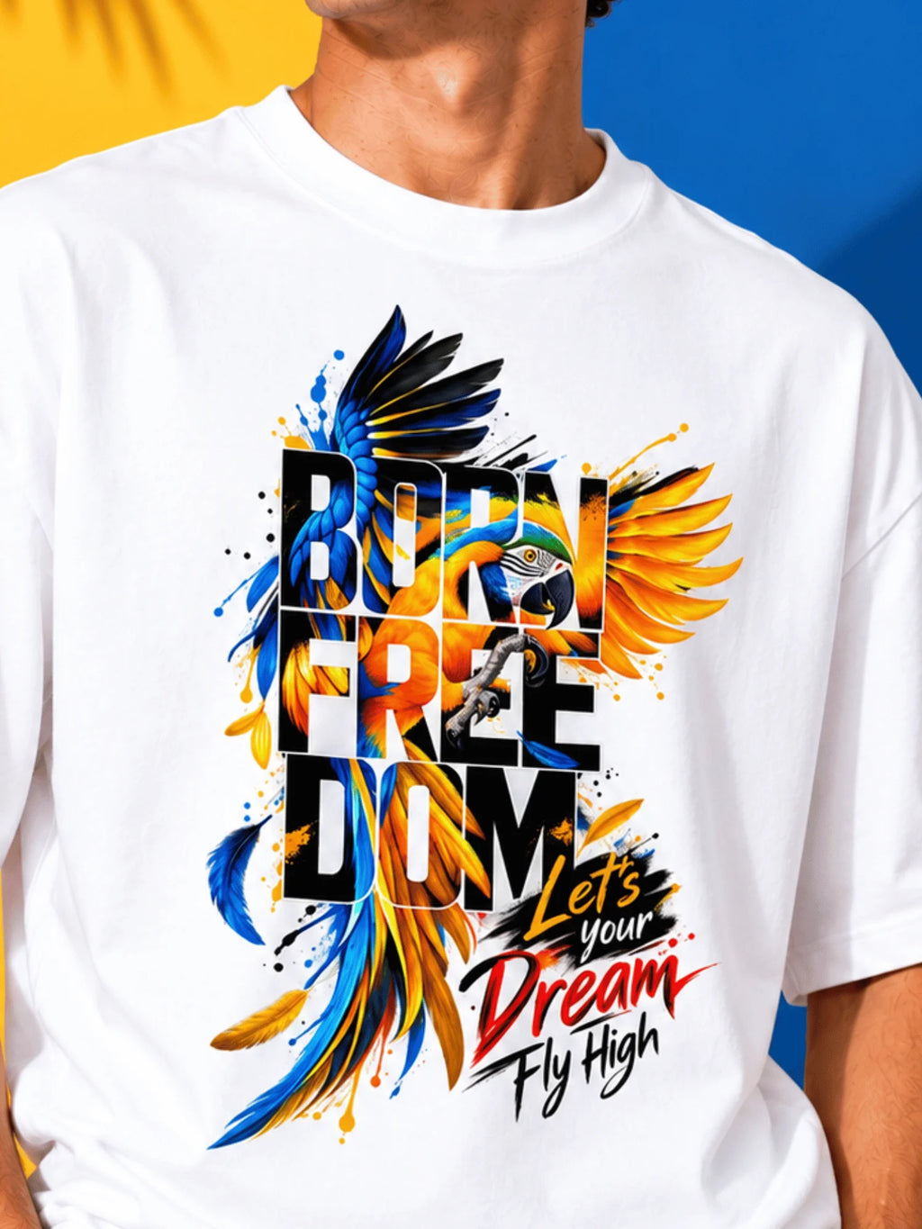 Excello Men's 'Born Freedom' Bird Graphic Oversized T-Shirt | White