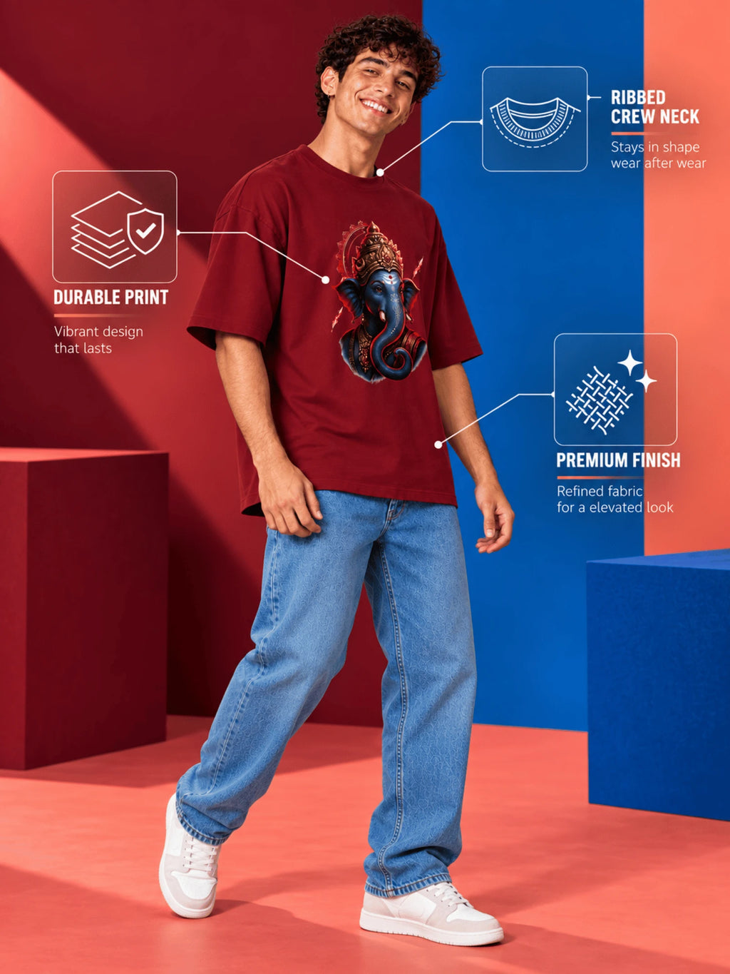 Excello Ganesha Oversized T-Shirt - 240GSM Cotton-Maroon