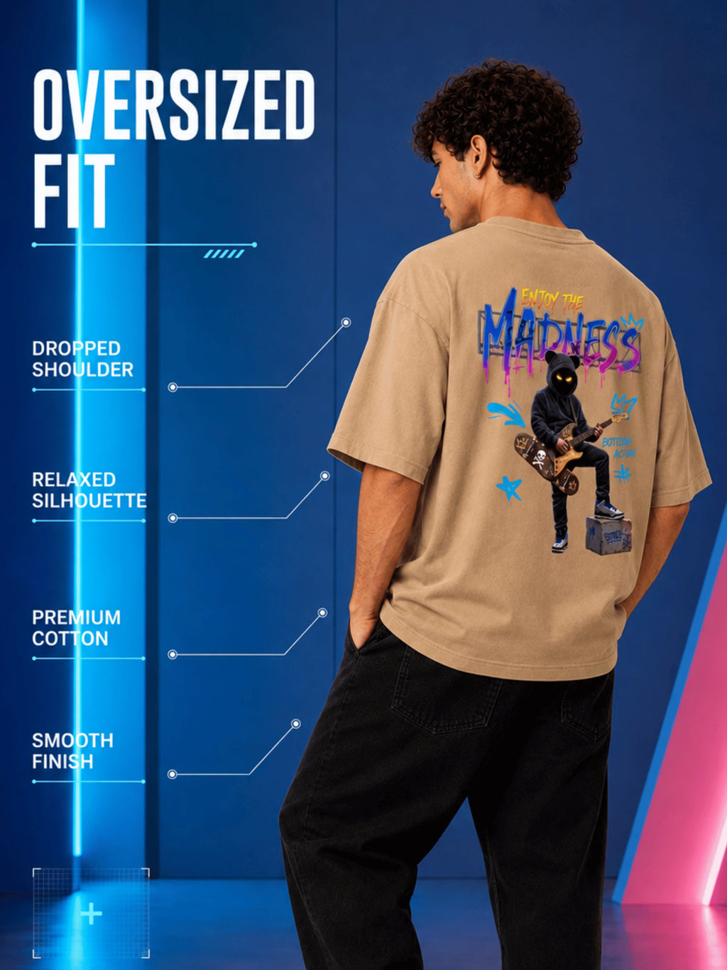 Excello Men's 'Enjoy The Madness' Graffiti Graphic Oversized T-Shirt | Beige