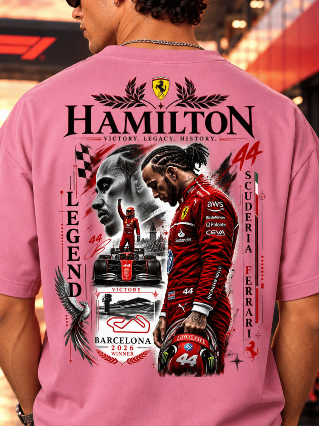 Excello Men's Hamilton Legend Racing Graphic Oversized T-Shirt | Rose Pink