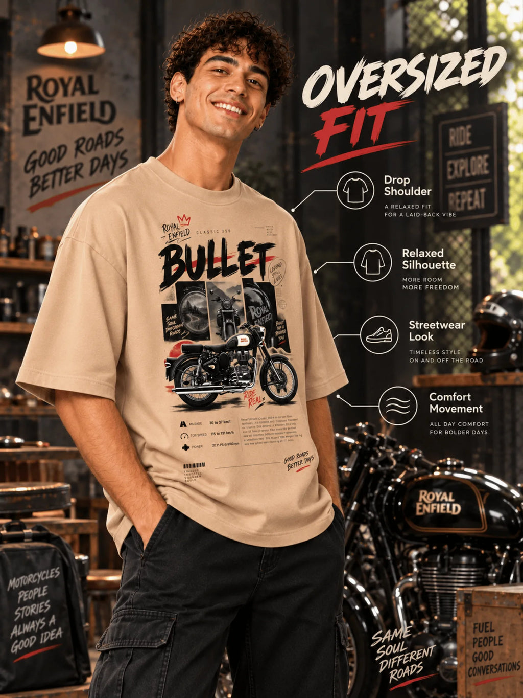 Excello Men's Royal Enfield Bullet 350 Graphic Oversized T-Shirt | Beige