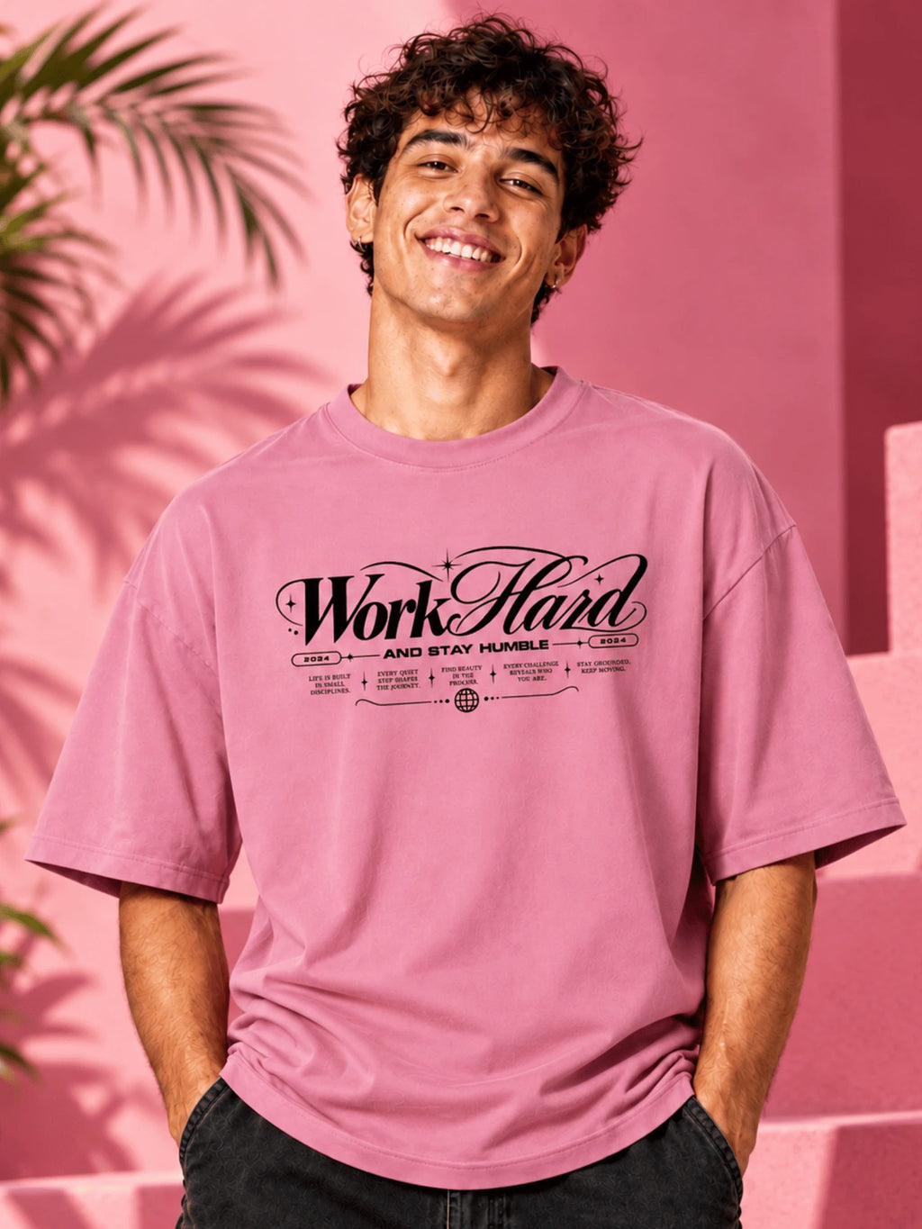Excello Men's 'Work Hard' Motivational Typography Oversized T-Shirt |  Rose Pink