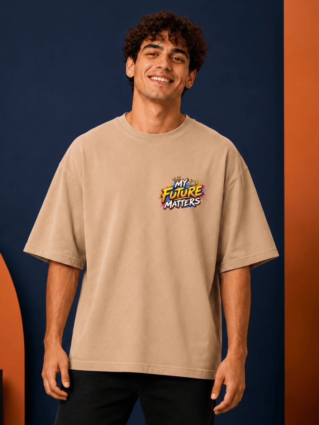 Excello Men's 'My Future Matters' Panda Graphic Oversized T-Shirt | Beige