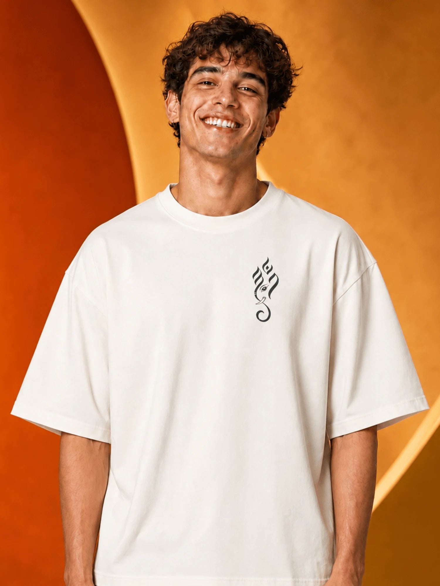 Excello Men's Divine Ganesha Graphic Oversized T-Shirt - 240 GSM Pure Cotton, Bio-Washed-Off White