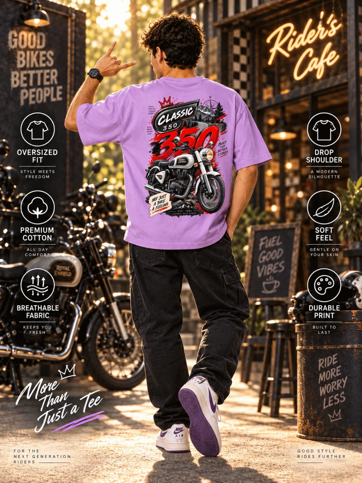 Excello Men's Royal Enfield Classic 350 Graphic Oversized T-Shirt | Lavender