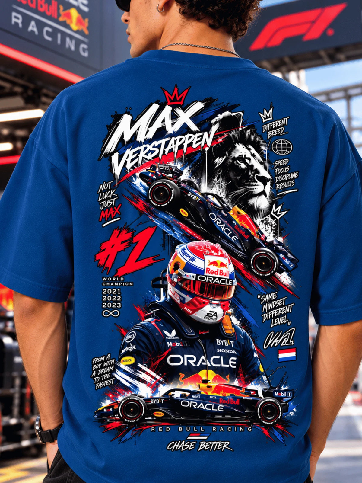 Excello Men's Max Verstappen Racing Graphic Oversized T-Shirt | Air Force Blue