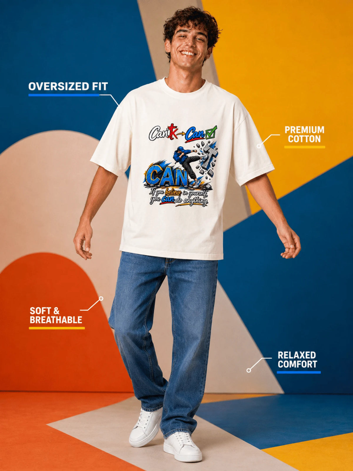 Excello Men's 'Believe You Can' Motivational Graphic Oversized T-Shirt - Premium Cotton | Off White