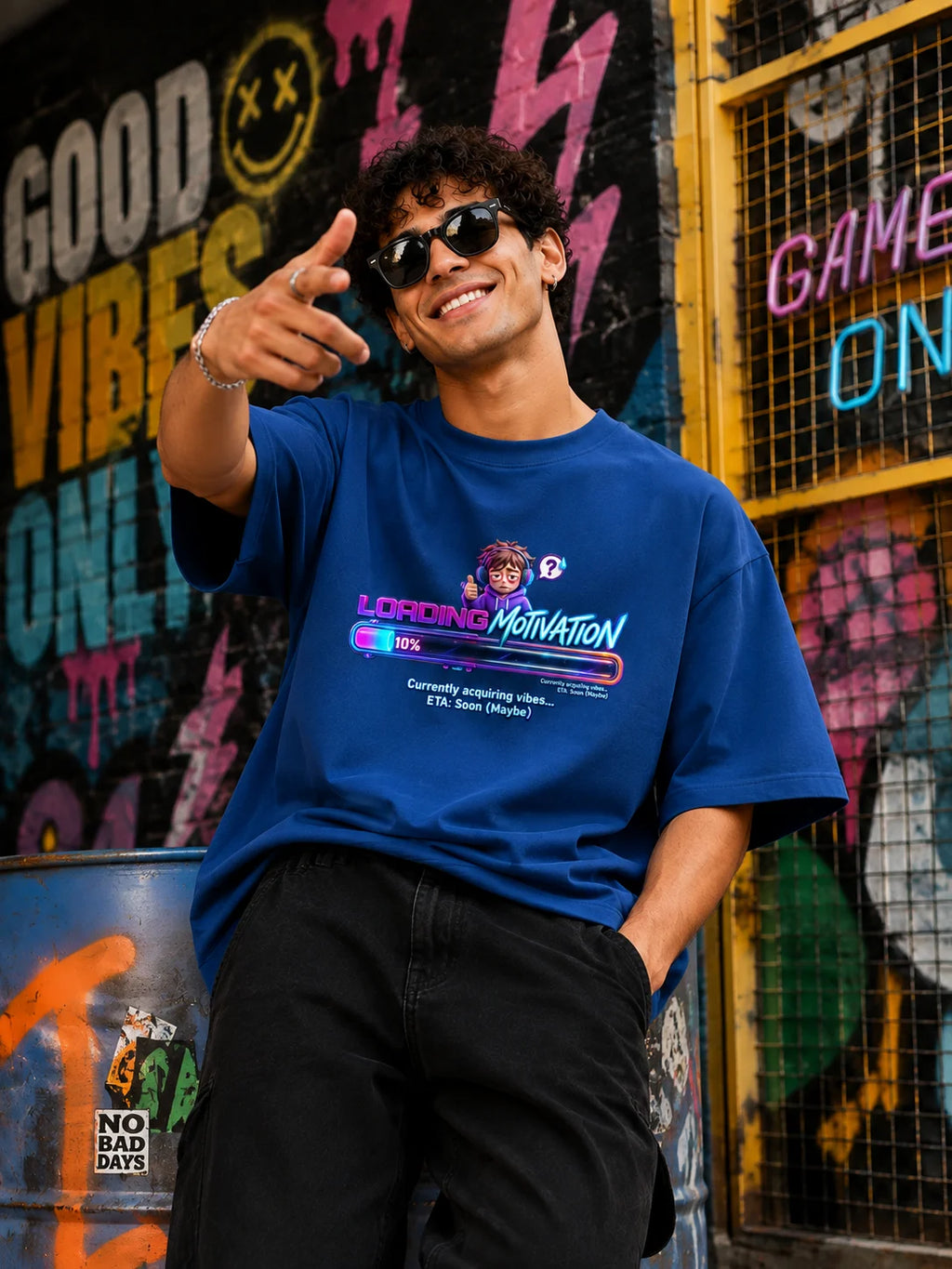 Excello Men's 'Loading Motivation' Gamer Graphic Oversized T-Shirt | Air Force Blue